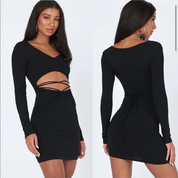 Princess Polly Noa Black Long Sleeve Ribbed Cut Out Criss Cross Tie Mini Dress - Picture 2 of 11